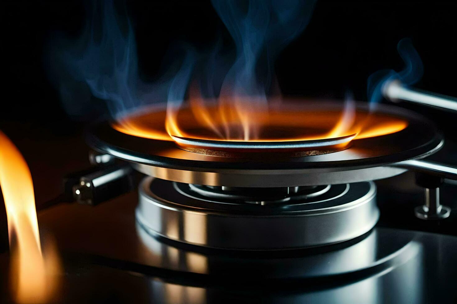 en gas brännare på en spis med lågor. ai-genererad foto
