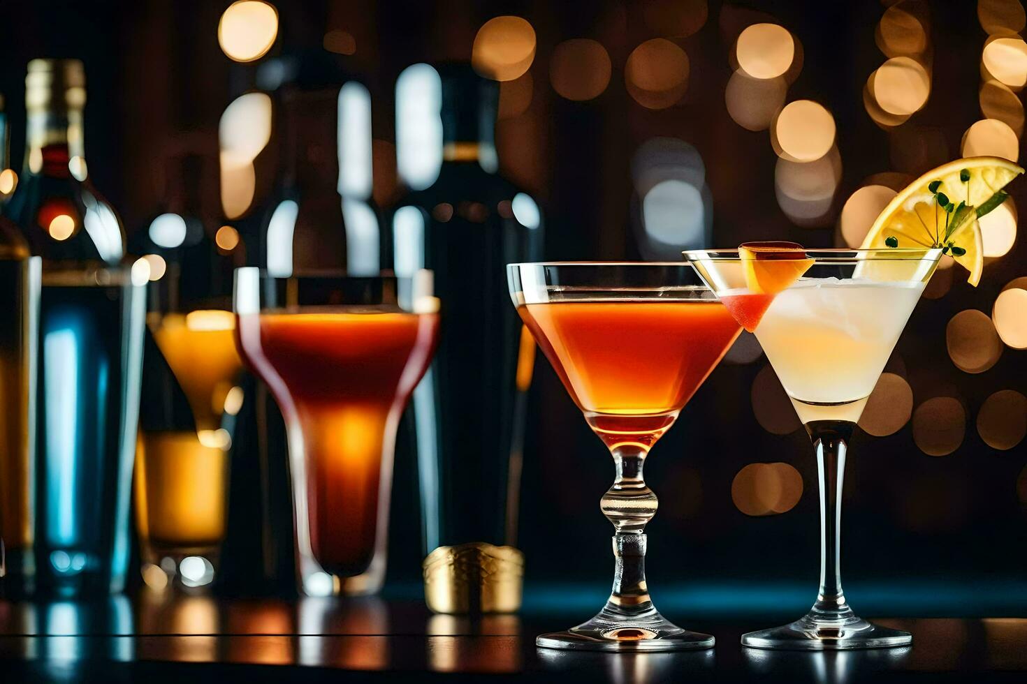tre annorlunda typer av alkoholhaltig drycker på en tabell. ai-genererad foto