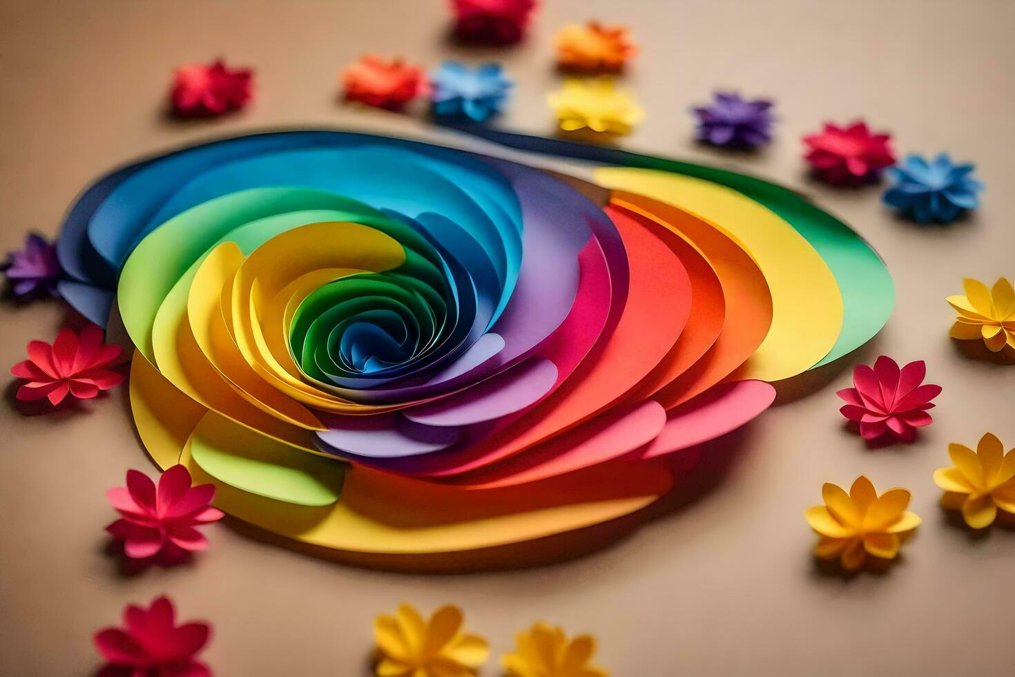 en färgrik papper blomma med en spiral form. ai-genererad foto