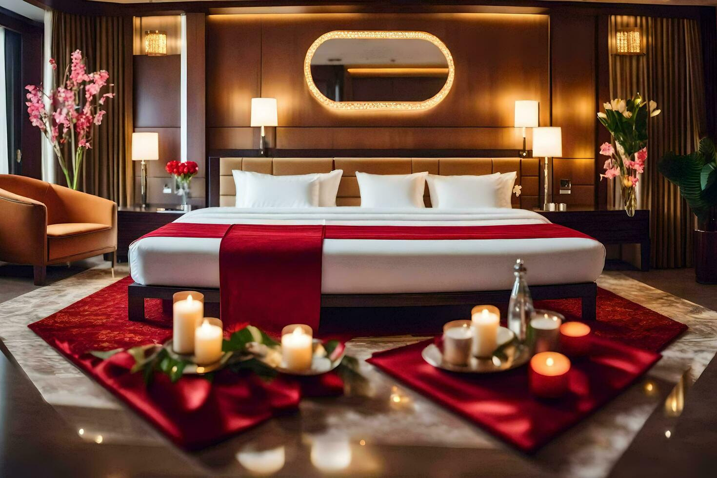 en hotell rum med röd och vit dekor. ai-genererad foto