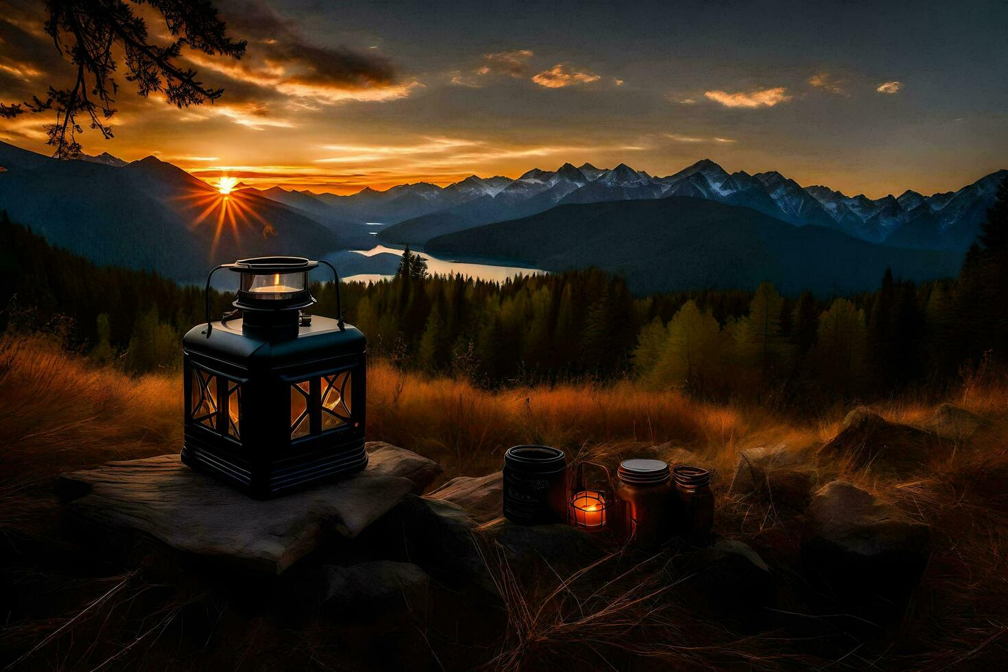 de lyktor är belyst på solnedgång i de berg. ai-genererad foto