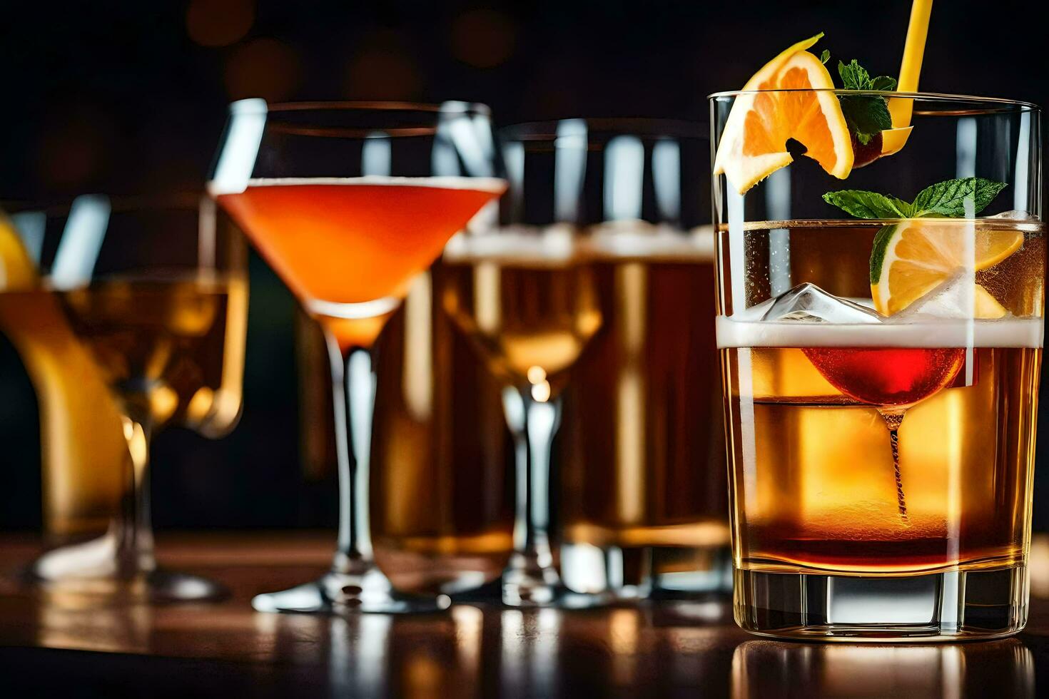 en grupp av alkoholhaltig drycker på en tabell. ai-genererad foto