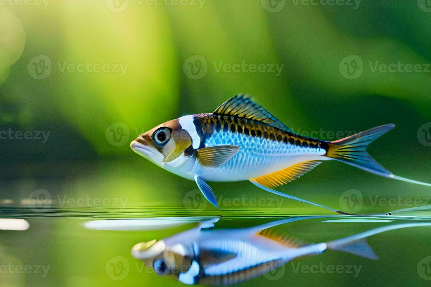 en fisk är flytande på de vatten med en grön bakgrund. ai-genererad foto