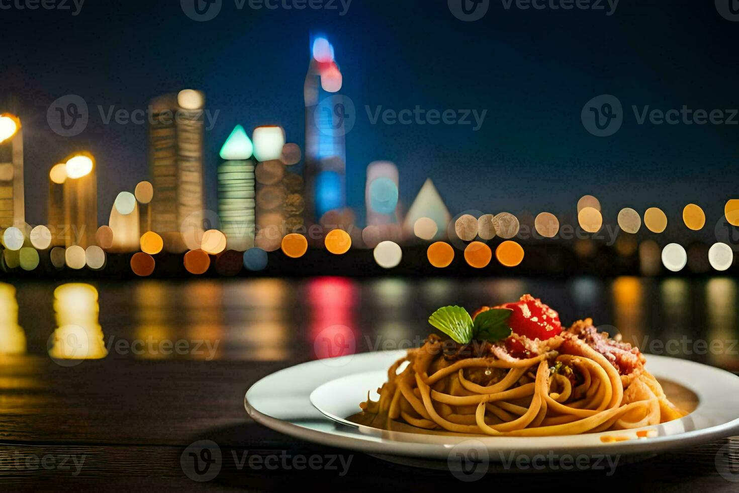 spaghetti med tomat och basilika på en tallrik i främre av de stad horisont. ai-genererad foto