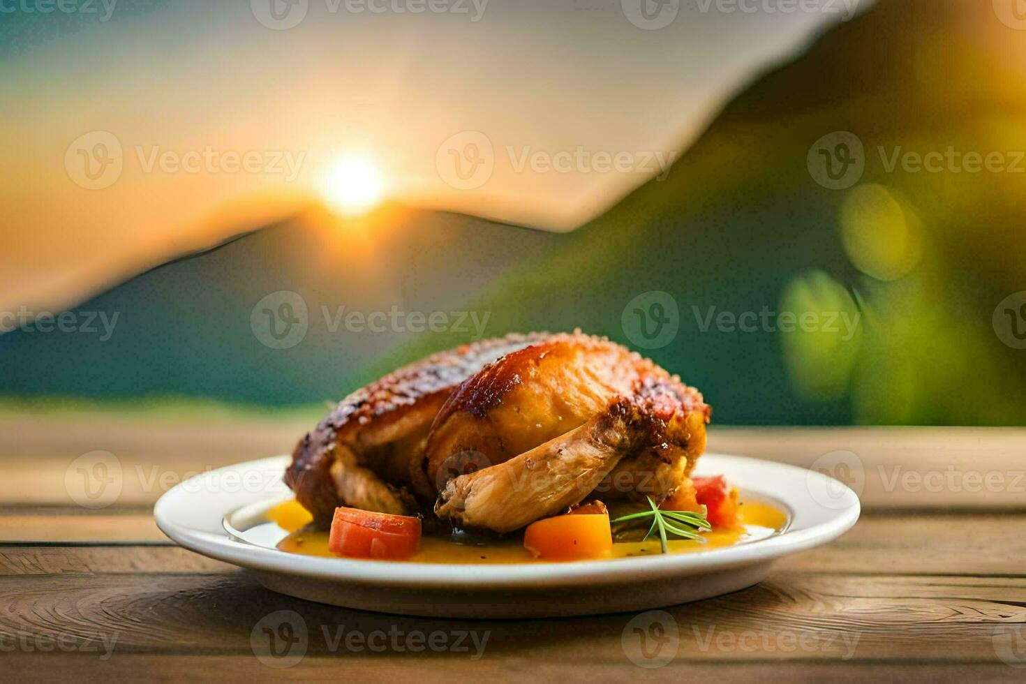 kyckling på en tallrik med en solnedgång i de bakgrund. ai-genererad foto
