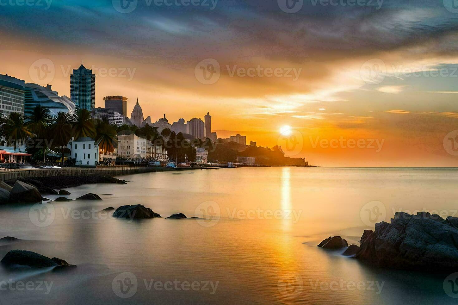 de Sol uppsättningar över en stad på de kust. ai-genererad foto