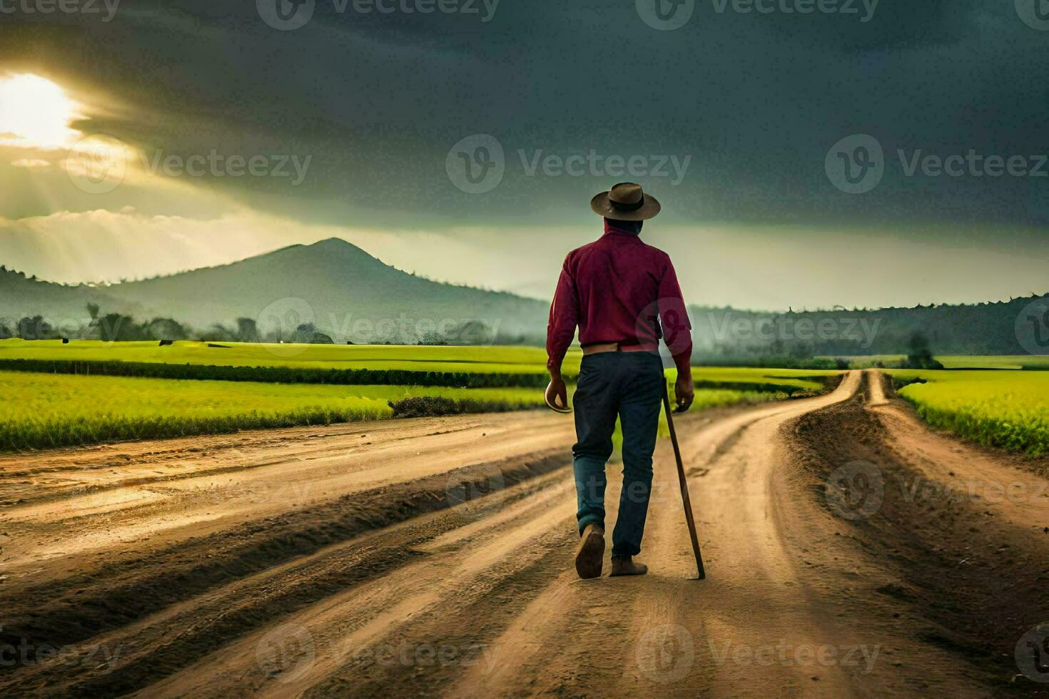 en man gående på en smuts väg med en sockerrör. ai-genererad foto