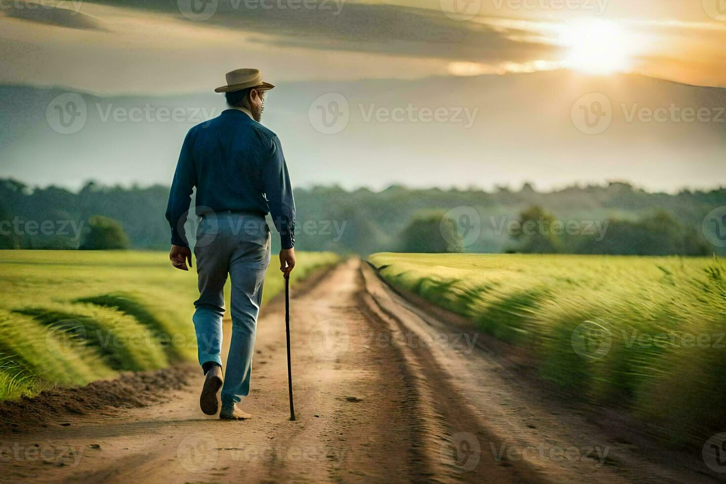 en man gående på en smuts väg med sockerrör. ai-genererad foto