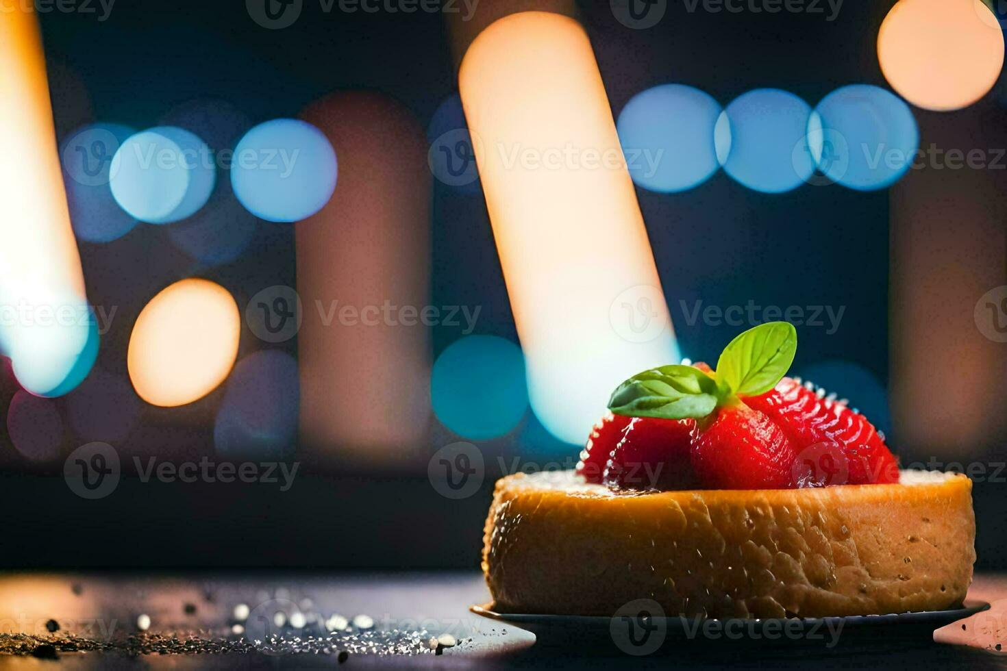 en jordgubb cheesecake på en tallrik med en suddigt bakgrund. ai-genererad foto