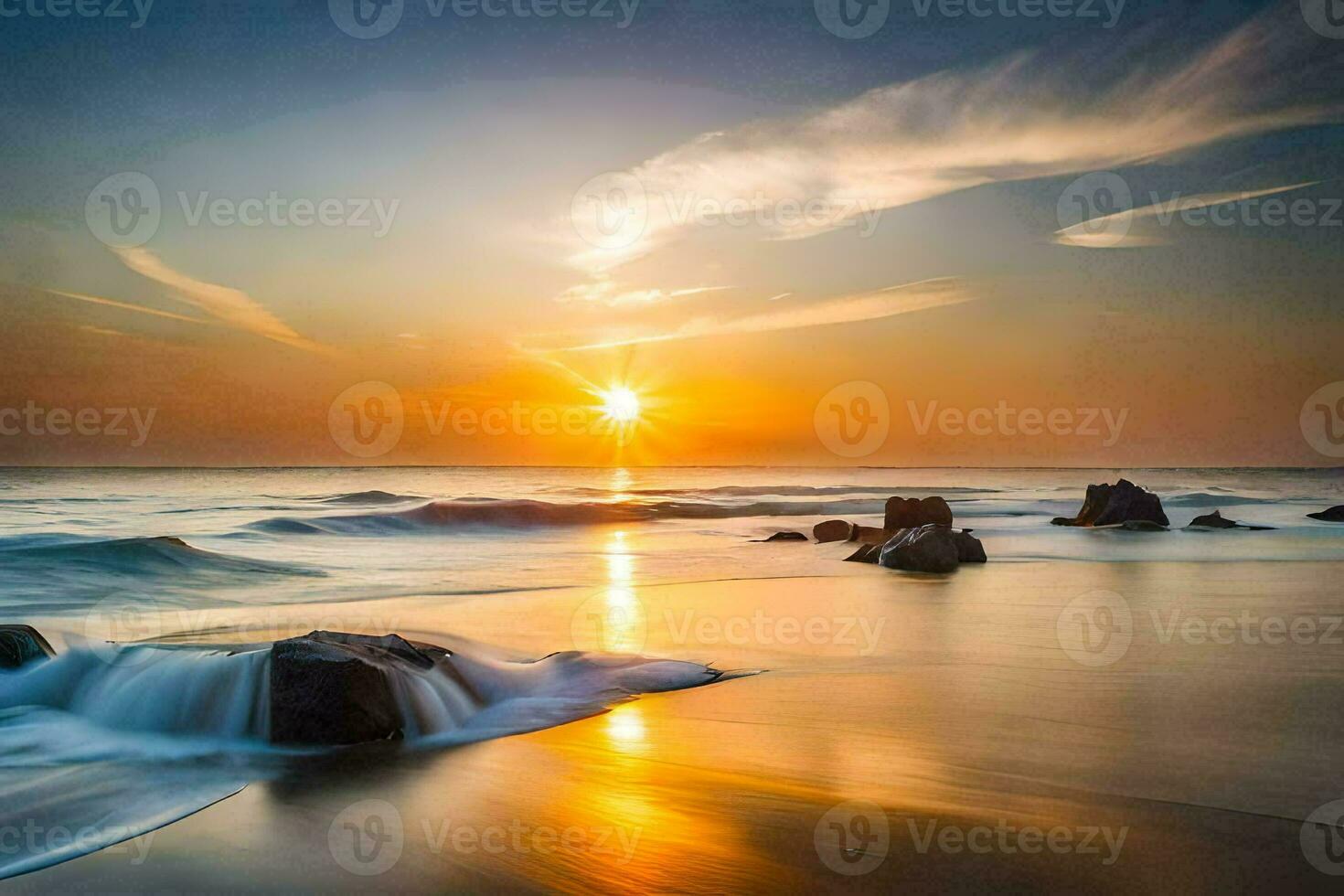 de Sol stiger över de hav och stenar på de strand. ai-genererad foto