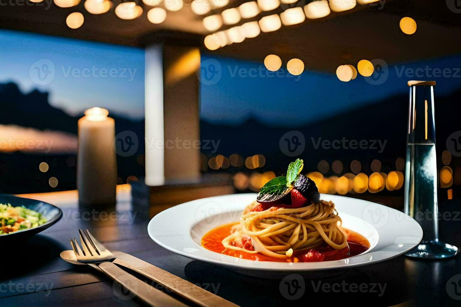 spaghetti och sallad på en tabell på natt. ai-genererad foto