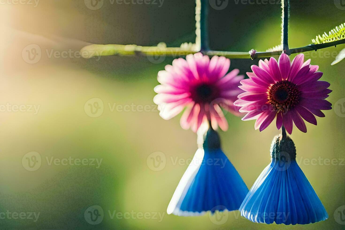 två blå blommor hängande från en gren. ai-genererad foto