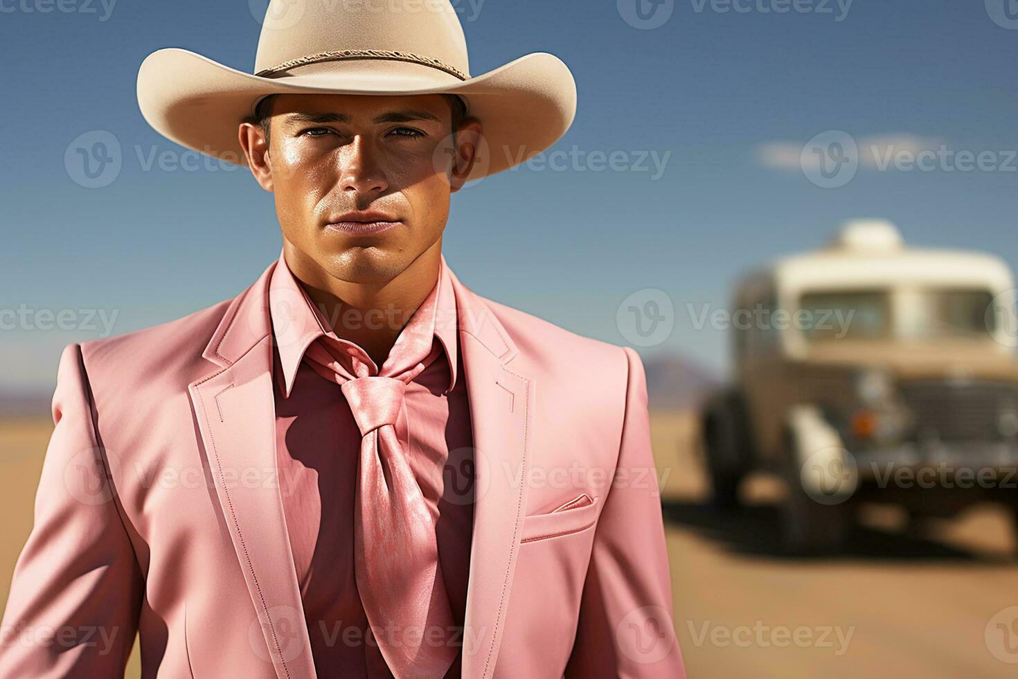 en Brutal man i en rosa kostym och cowboy hatt i arizona.generativ ai foto