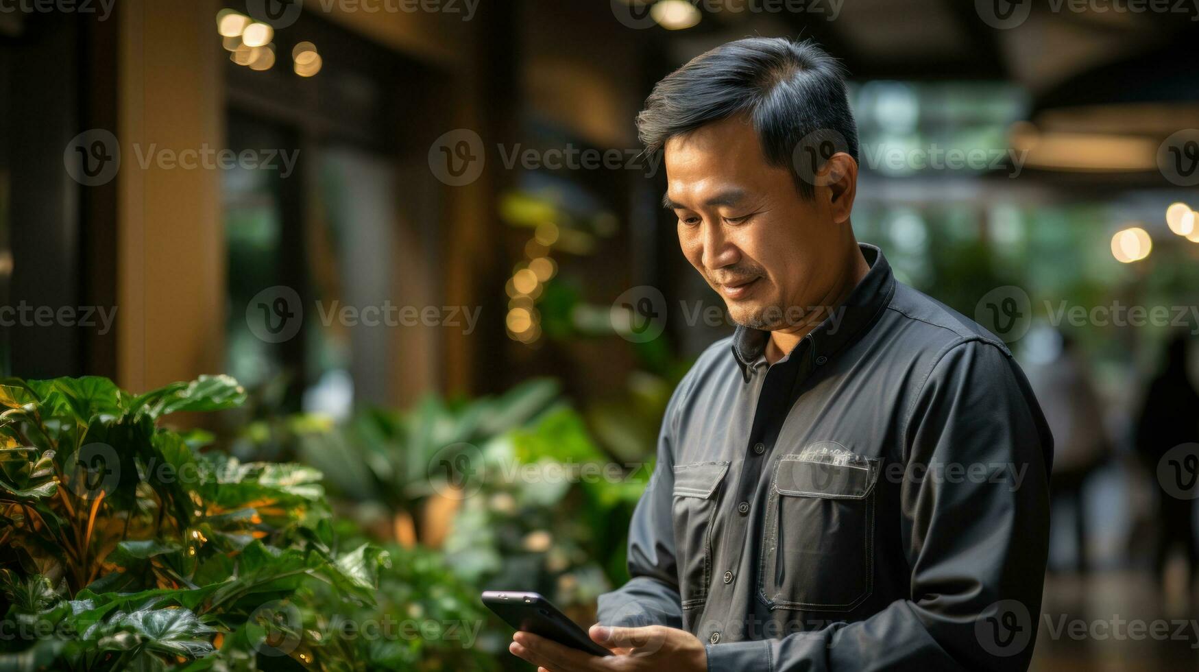 asiatisk konstruktion arbetstagare man använder sig av mobil telefon på handla torg. foto