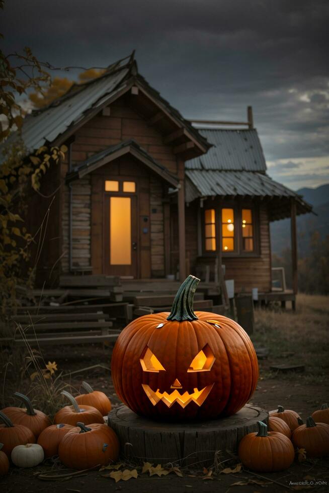 halloween pumpor med skrämmande ansikten på halloween bakgrund. 3d framställa foto