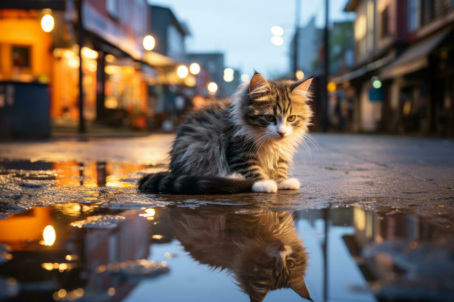 en katt Sammanträde på de jord med dess reflexion i en pöl generativ ai foto