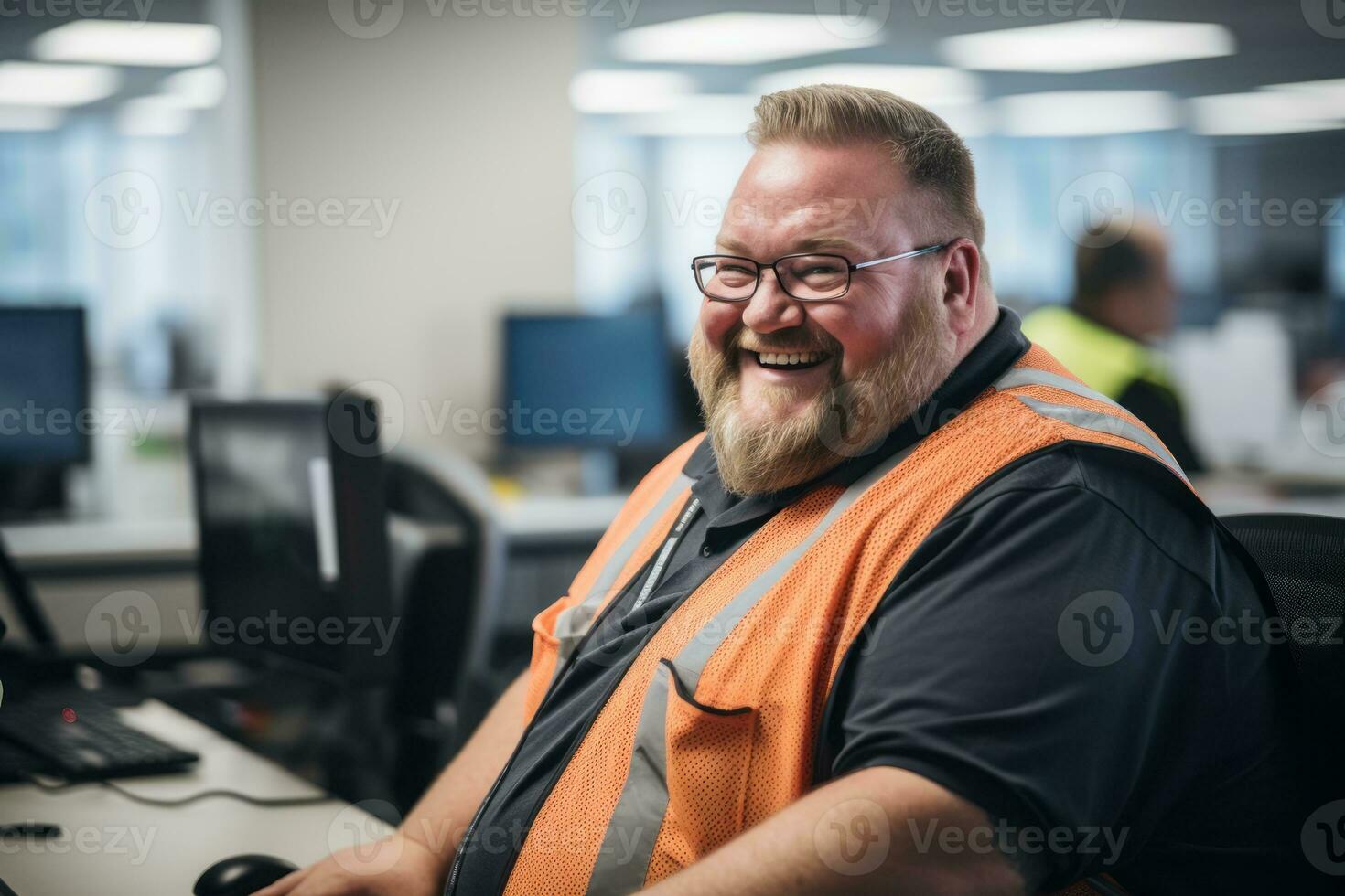 en leende man i ett orange väst Sammanträde på en skrivbord generativ ai foto