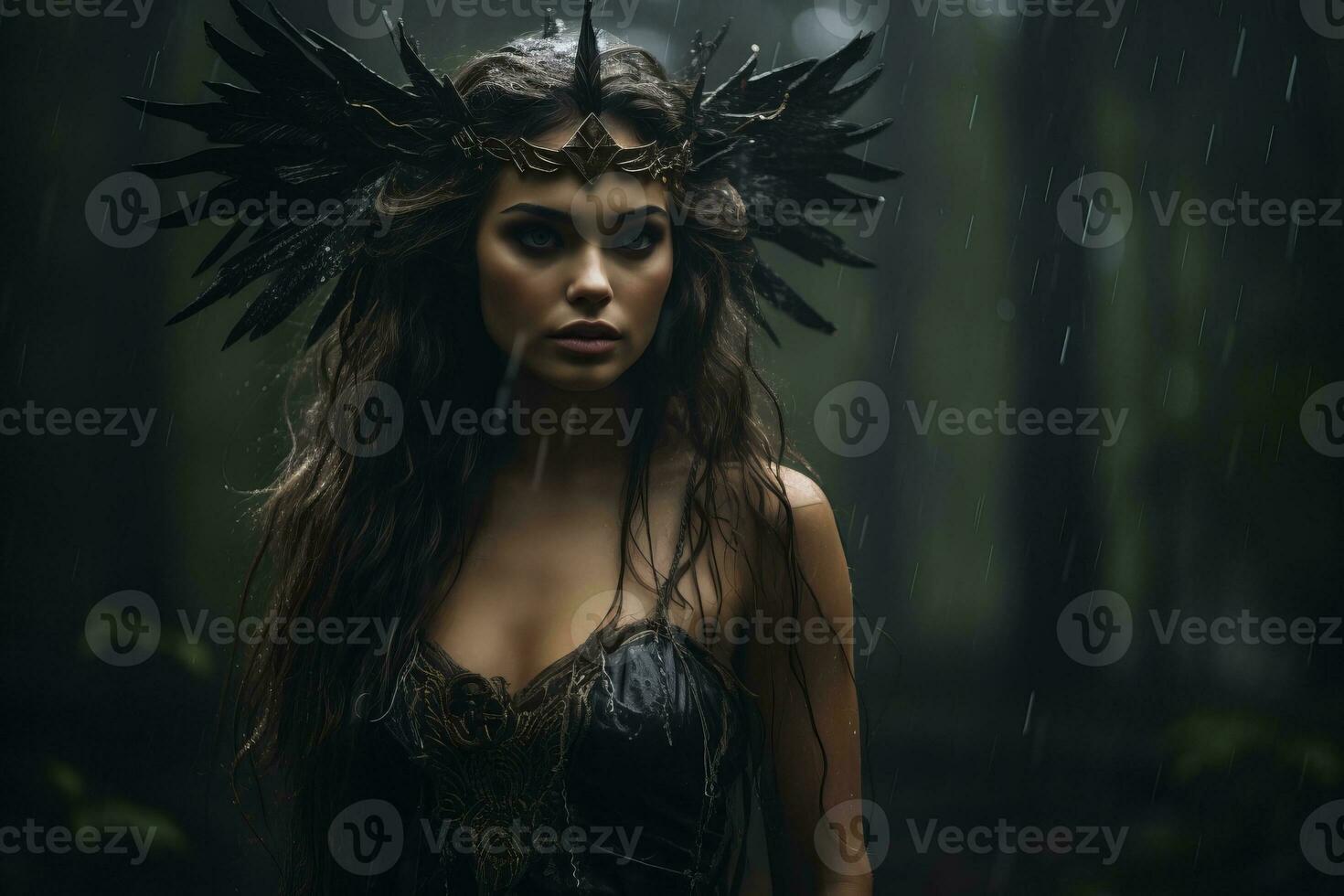 en skön kvinna i en skog med vingar på henne huvud generativ ai foto