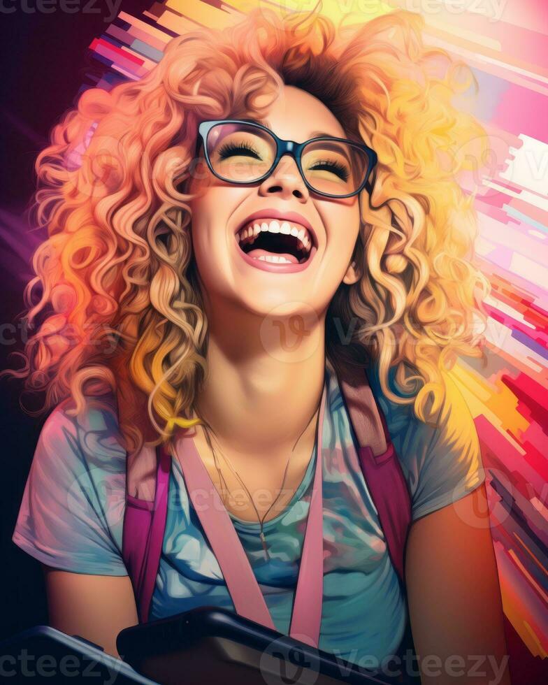en kvinna med lockigt hår och glasögon är skrattande generativ ai foto