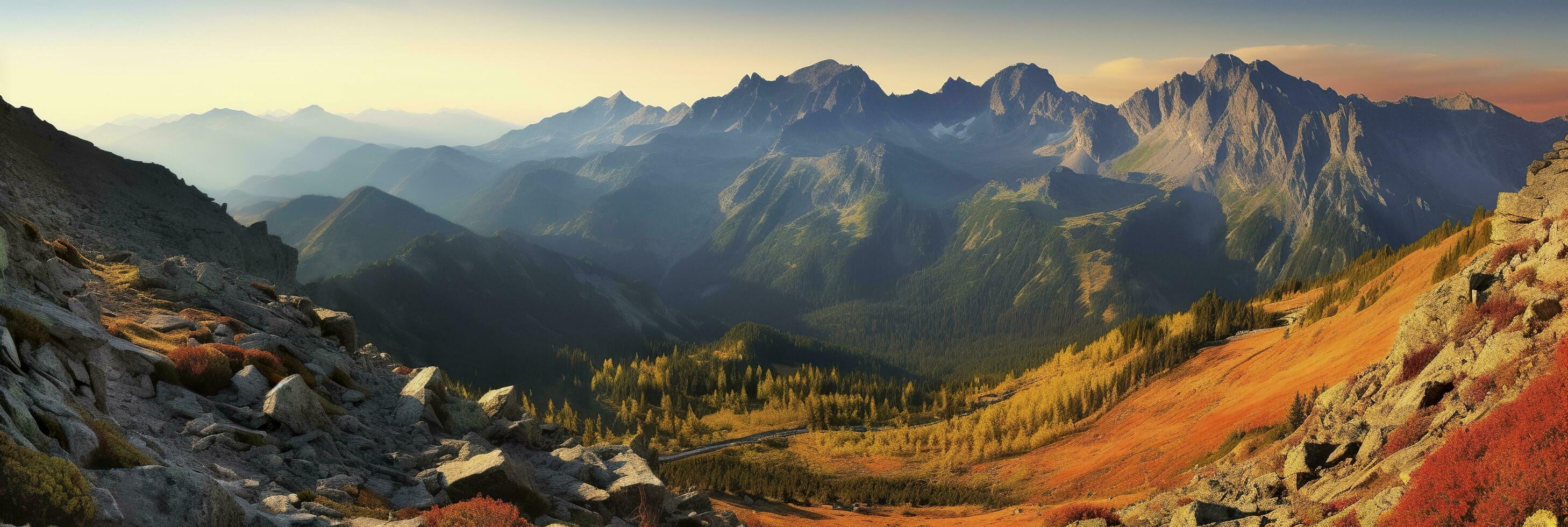 panorama berg höst landskap. ai genererad foto