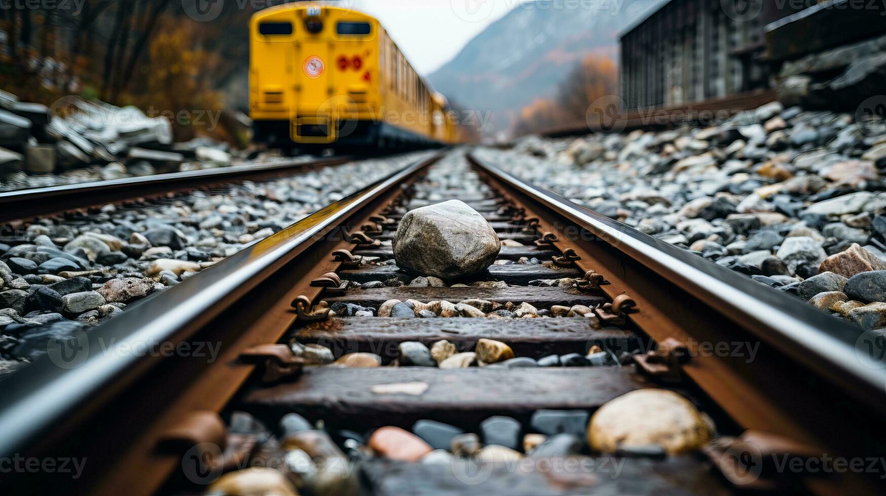 en gul tåg är på de spår Nästa till en sten generativ ai foto