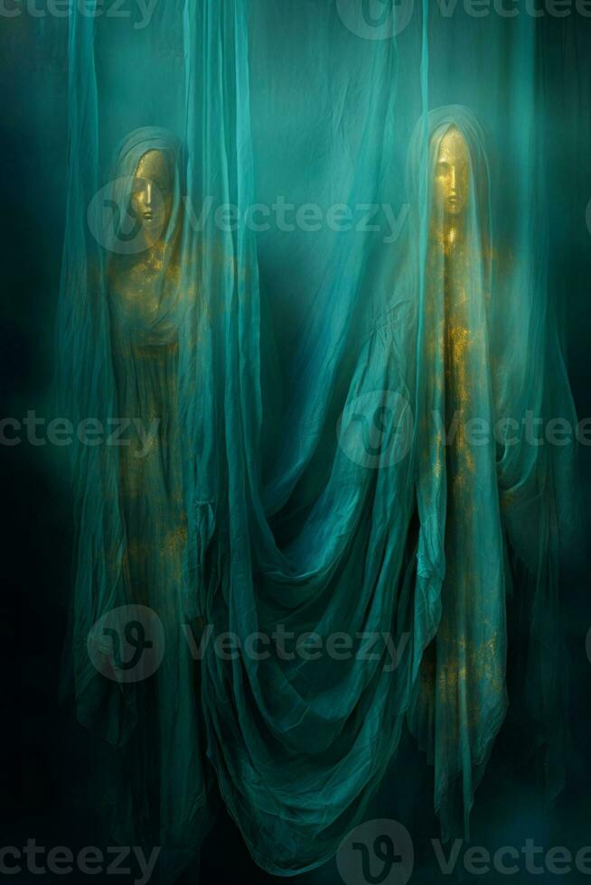 två statyer i en mörk rum med blå gardiner generativ ai foto