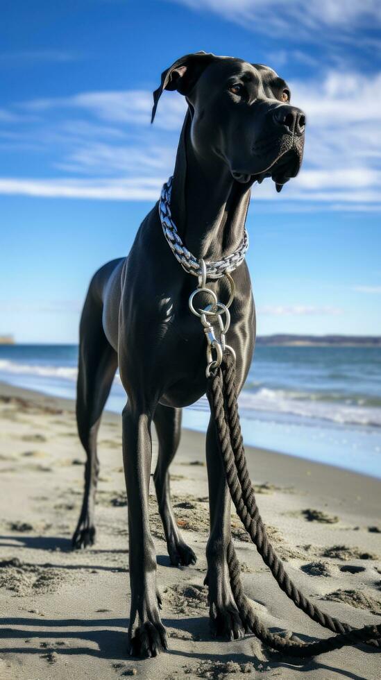 en majestätisk bra dansken stående på en strand med en svart koppel foto