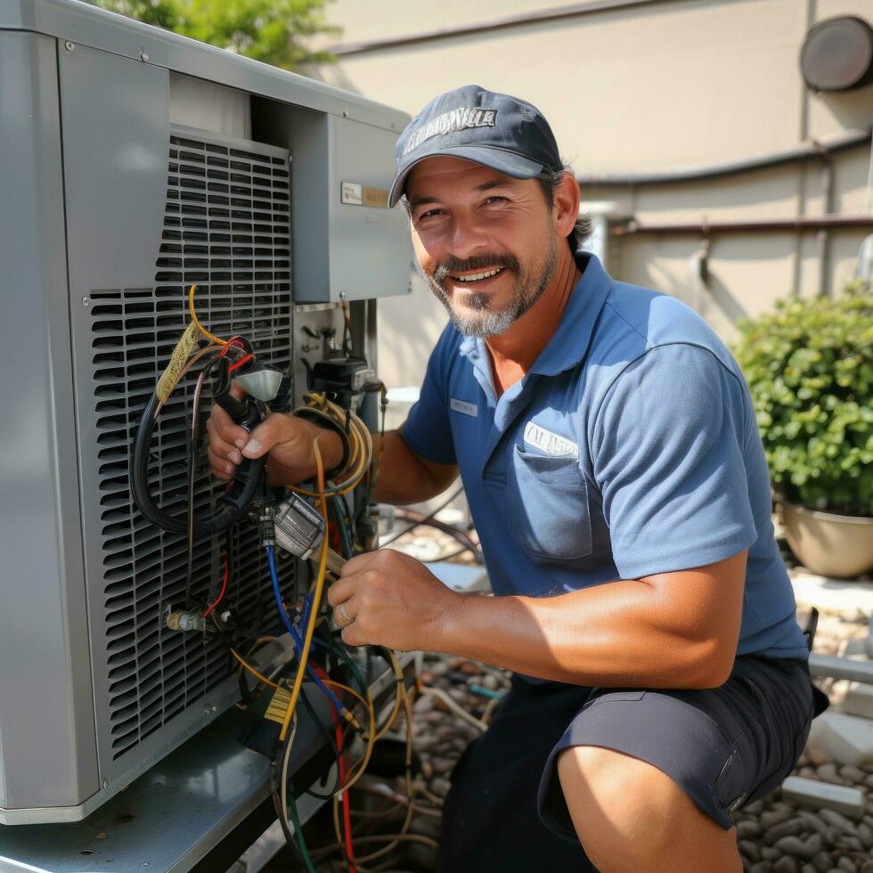 hvac tekniker underhåll ett luft konditionering enhet foto