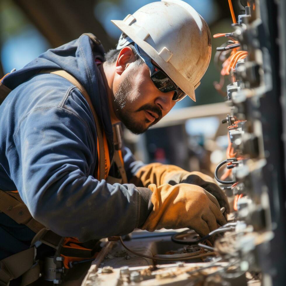 arbetstagare reparation elektrisk trådar på en kraft linje foto