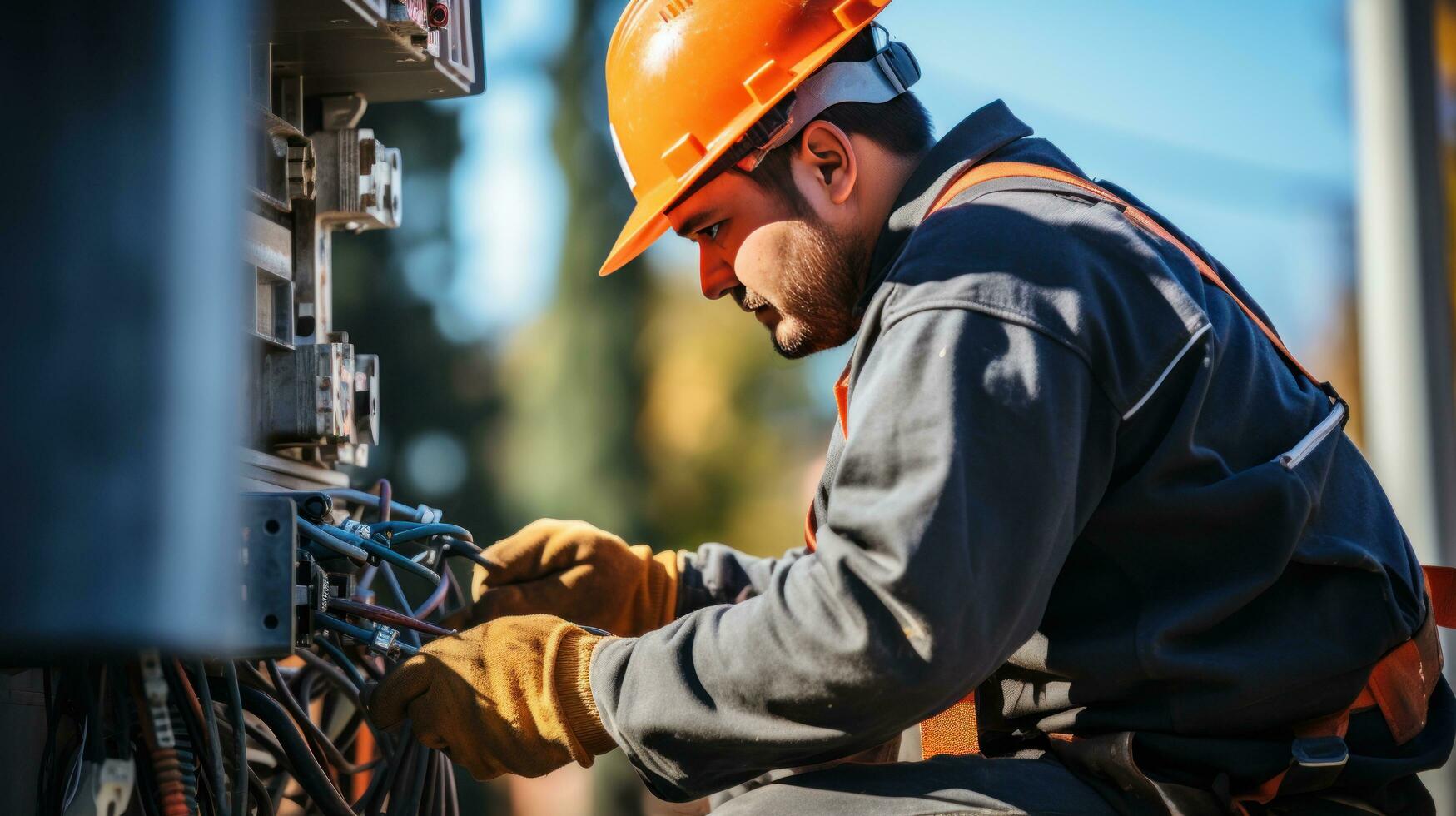 arbetstagare reparation elektrisk trådar på en kraft linje foto