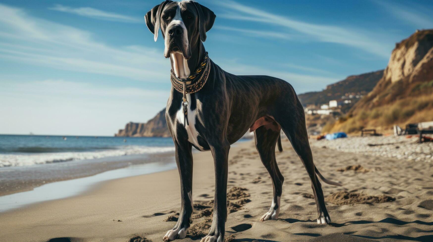 en majestätisk bra dansken stående på en strand med en svart koppel foto