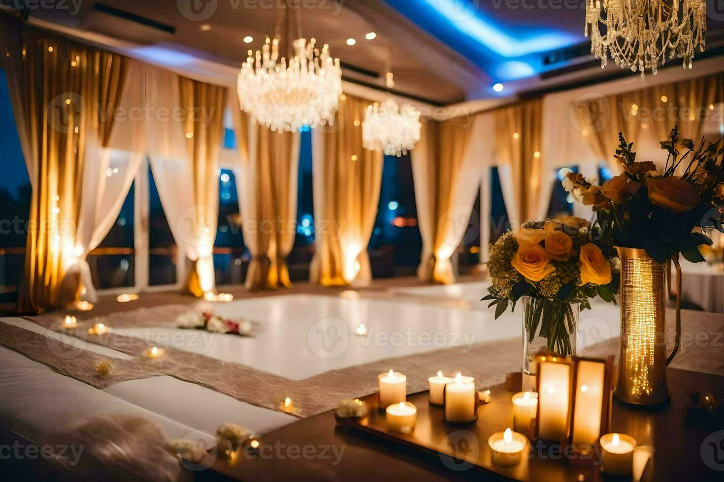 en bröllop reception med ljus och ljuskronor. ai-genererad foto