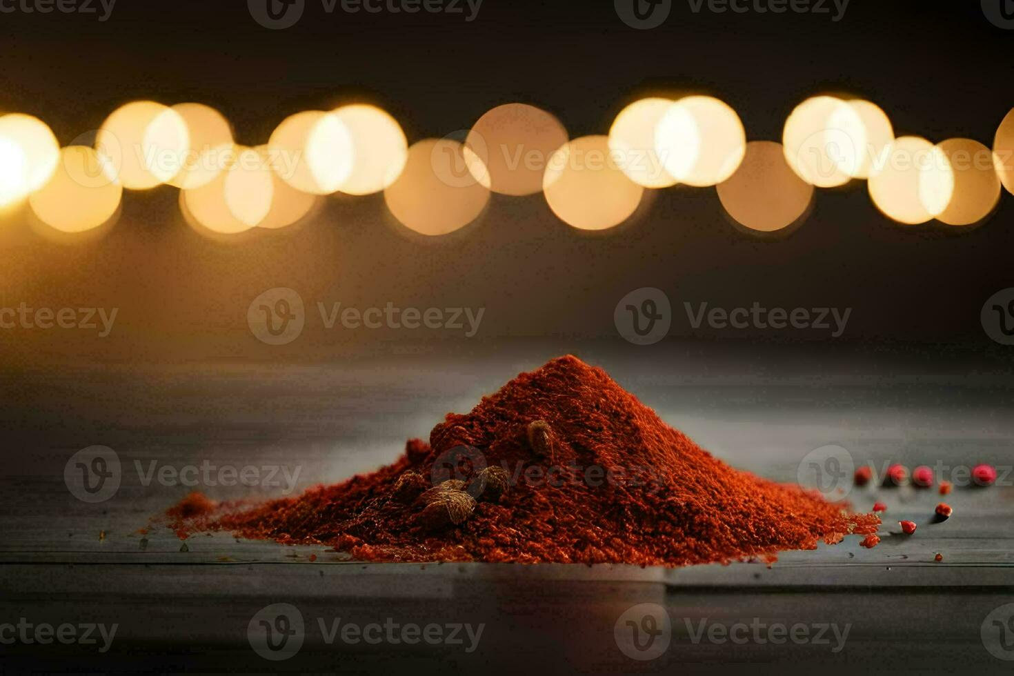 röd chili pulver på en trä- tabell med suddig lampor. ai-genererad foto