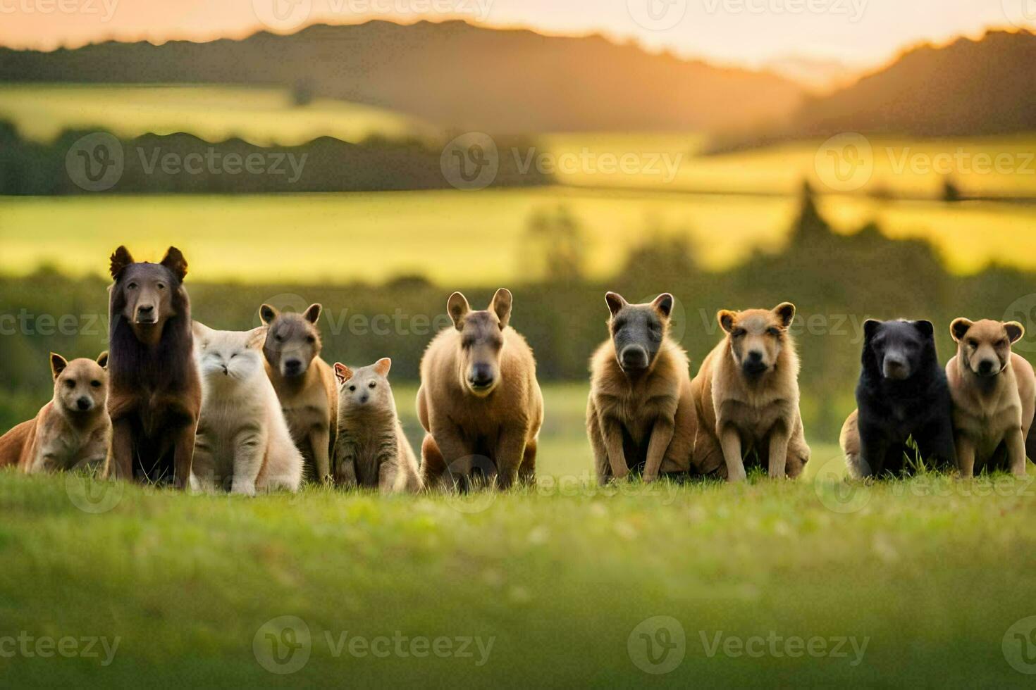 en grupp av hundar och katter stående i en fält. ai-genererad foto