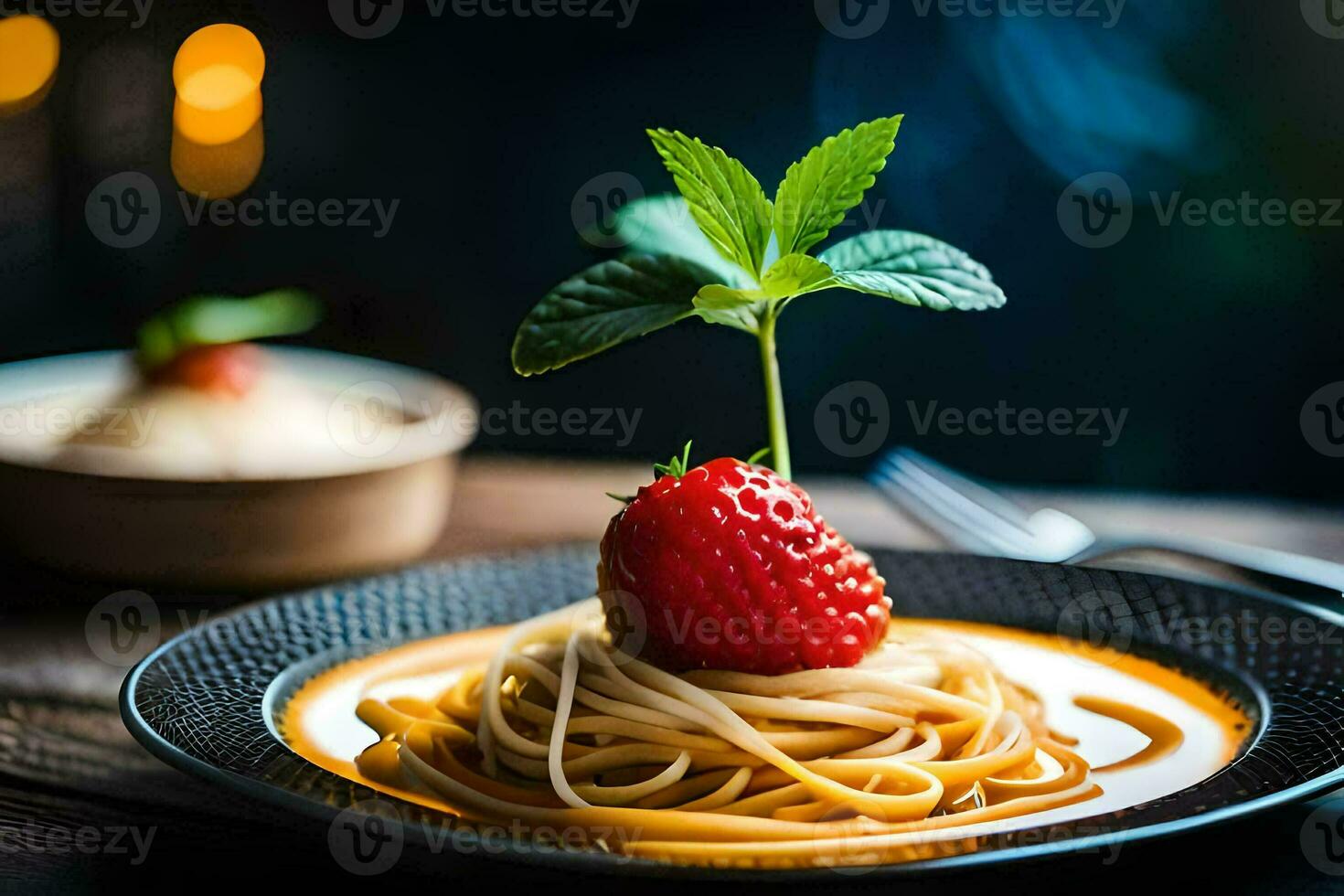 en jordgubb på en tallrik med spaghetti. ai-genererad foto