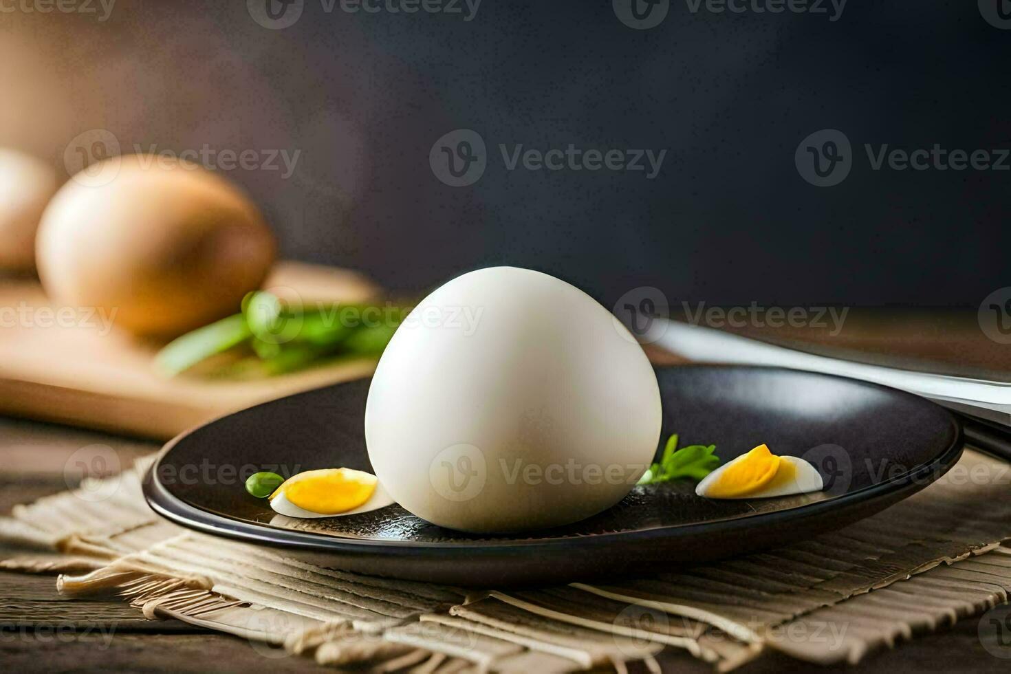 ett ägg på en tallrik med en kniv och gaffel. ai-genererad foto