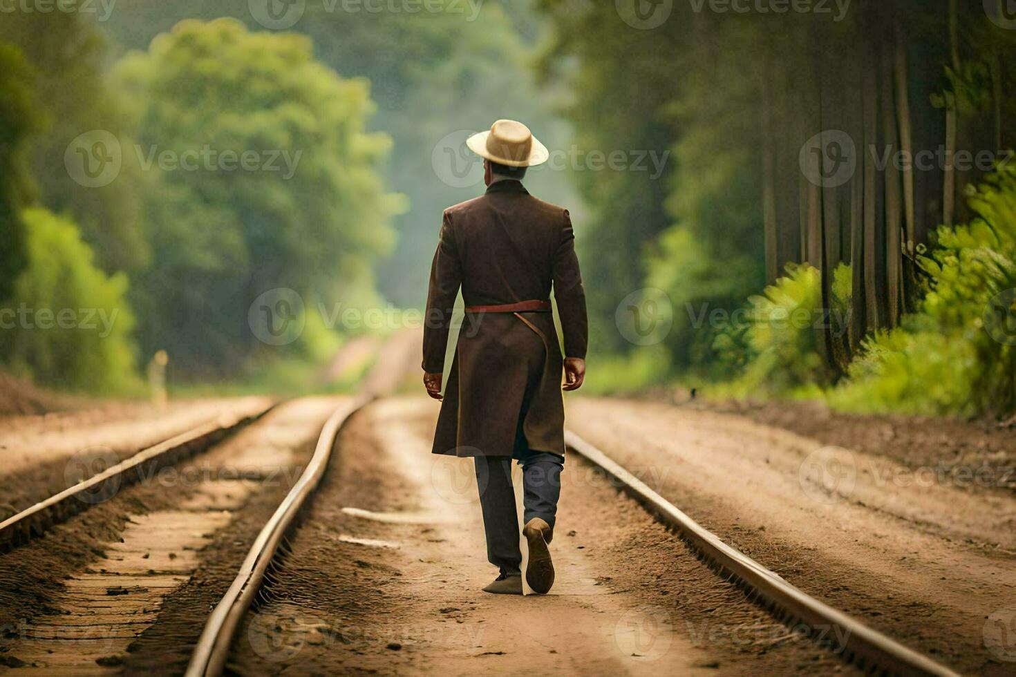 en man i en hatt och täcka gående på järnväg spår. ai-genererad foto