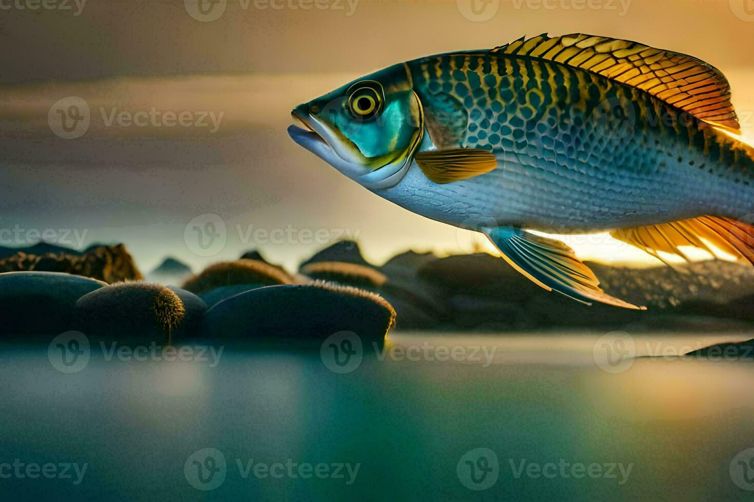 en fisk är flygande över de vatten på solnedgång. ai-genererad foto