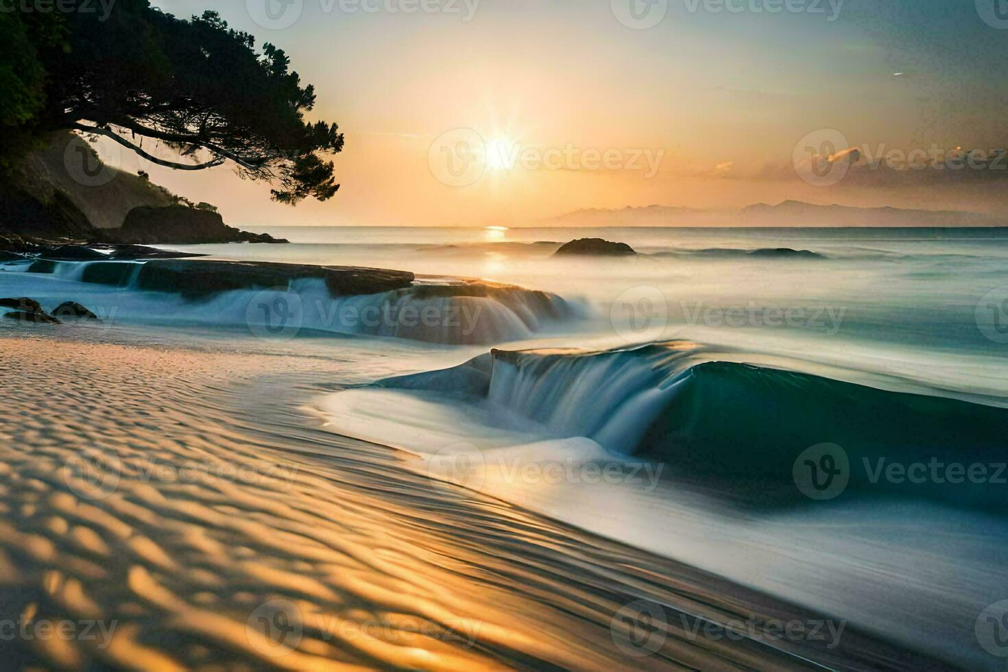 de Sol stiger över de hav och vågor krascha in i de sand. ai-genererad foto