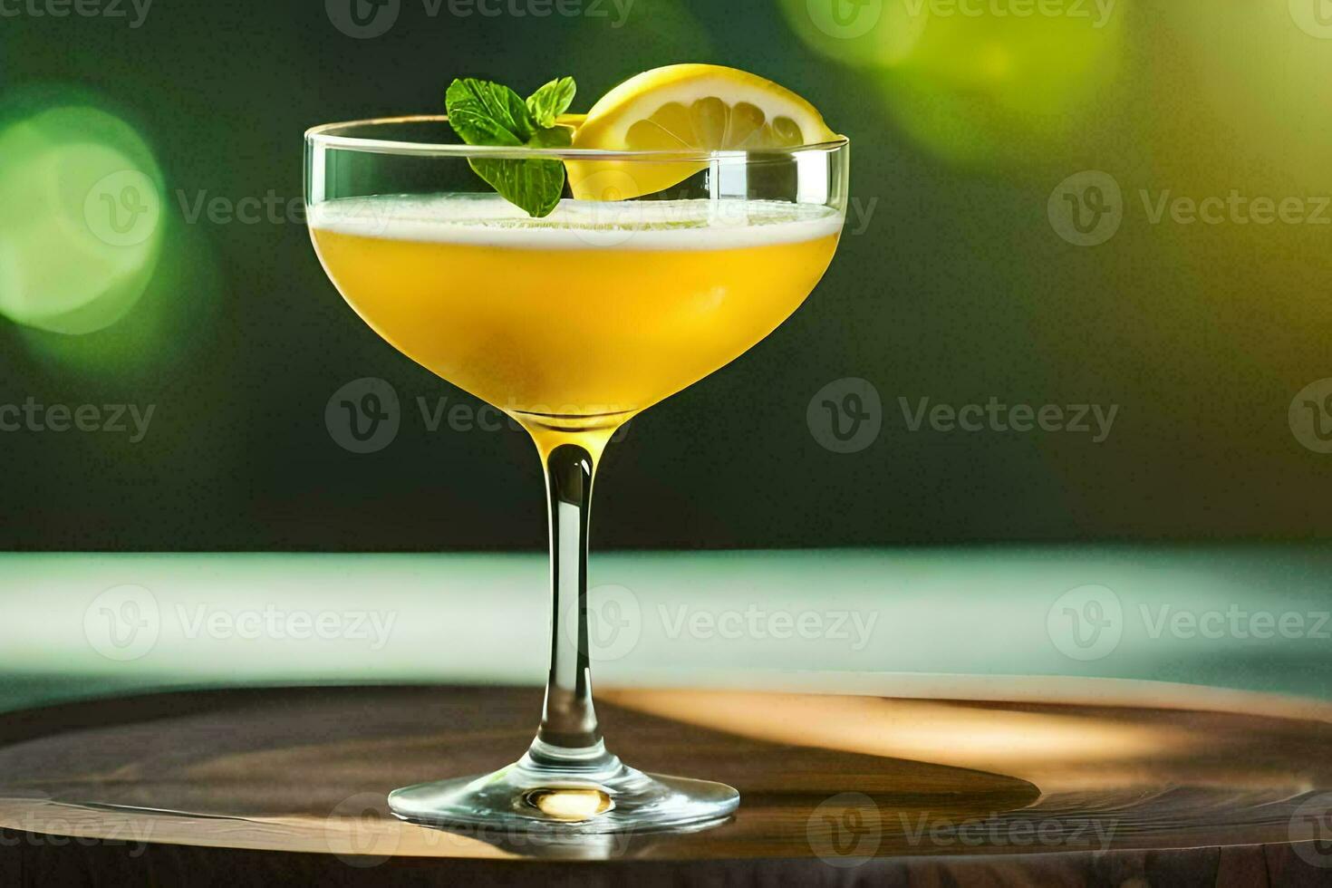 en cocktail med citron- och mynta på en trä- tabell. ai-genererad foto