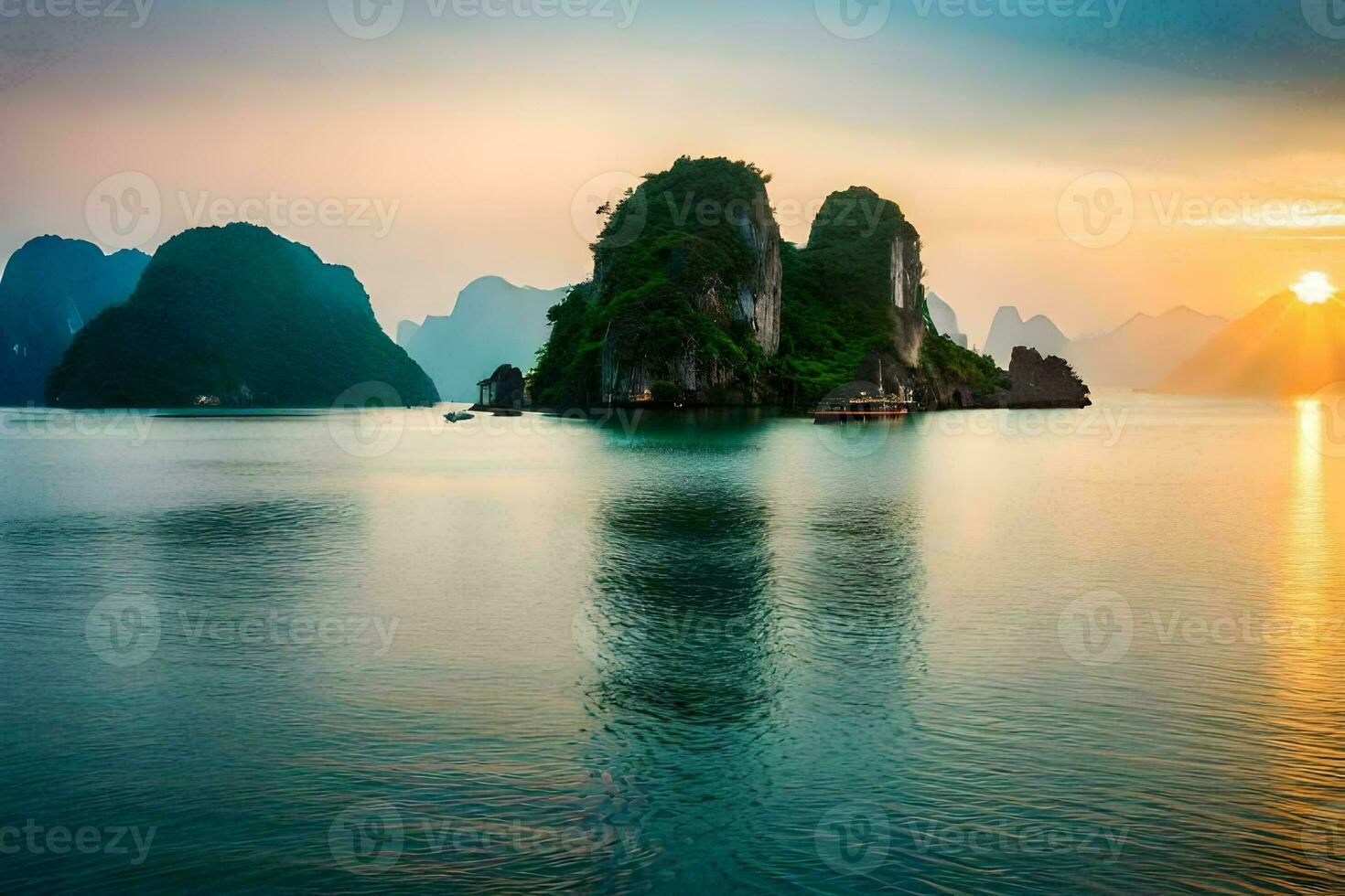 de Sol uppsättningar över de vatten i halong bukt, vietnam. ai-genererad foto