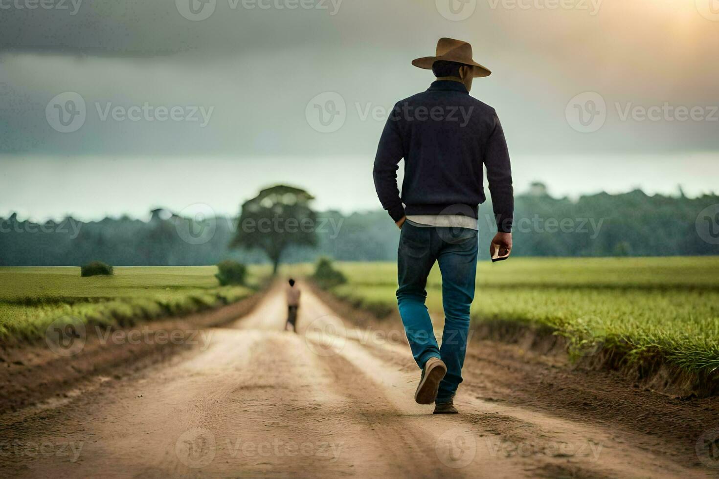 en man i en hatt promenader ner en smuts väg. ai-genererad foto