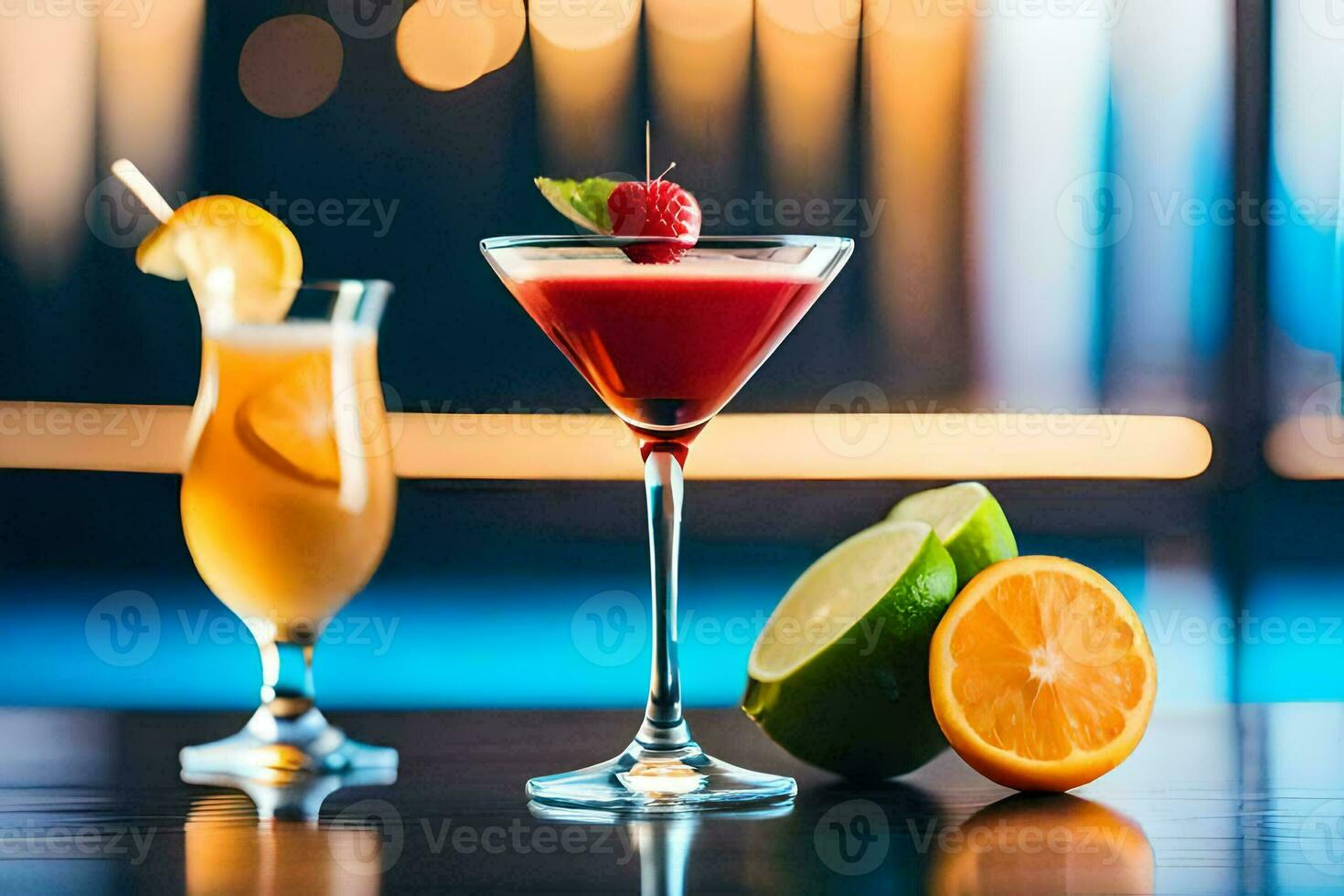 två cocktails sitta på en tabell med en skiva av frukt. ai-genererad foto