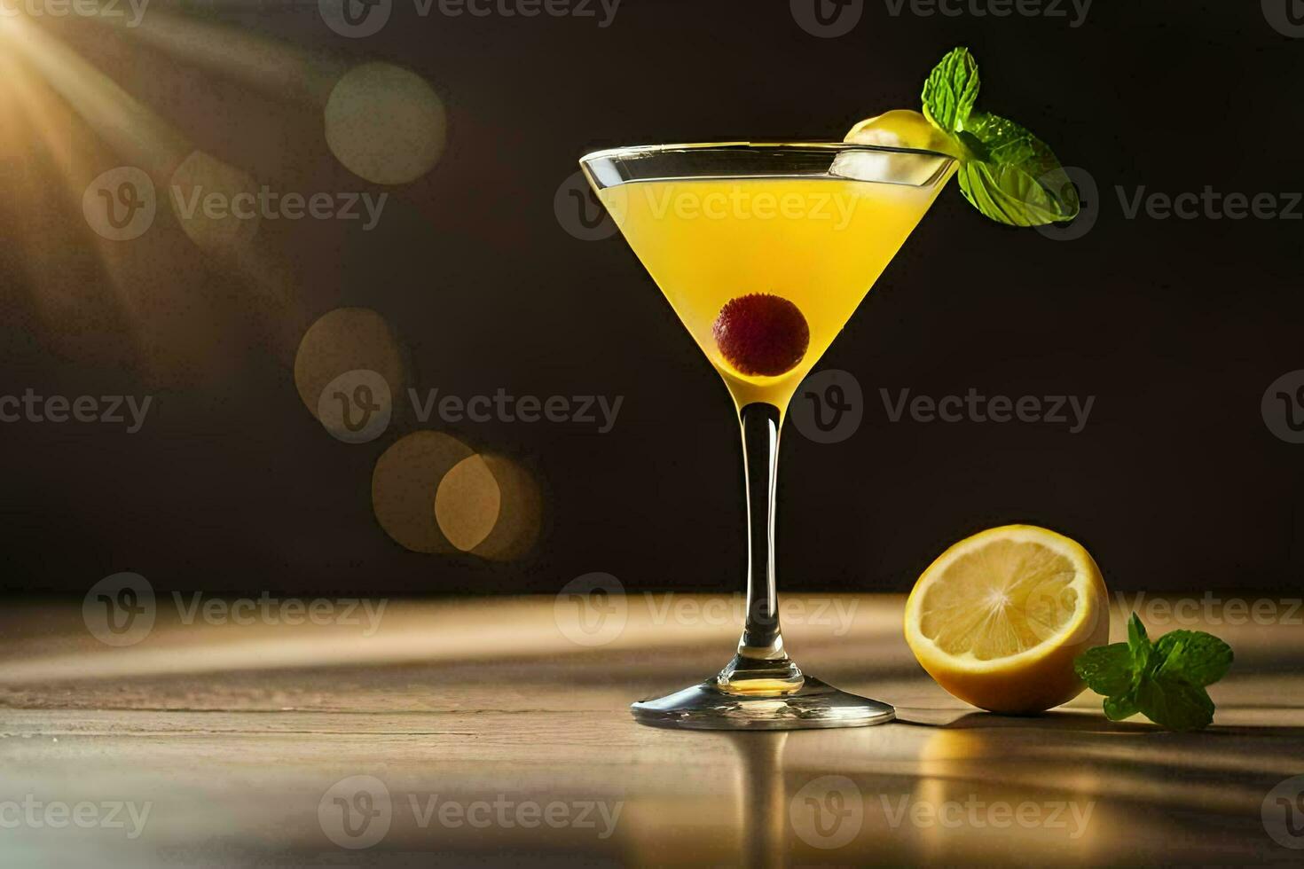 cocktail med citron- och mynta på en trä- tabell. ai-genererad foto