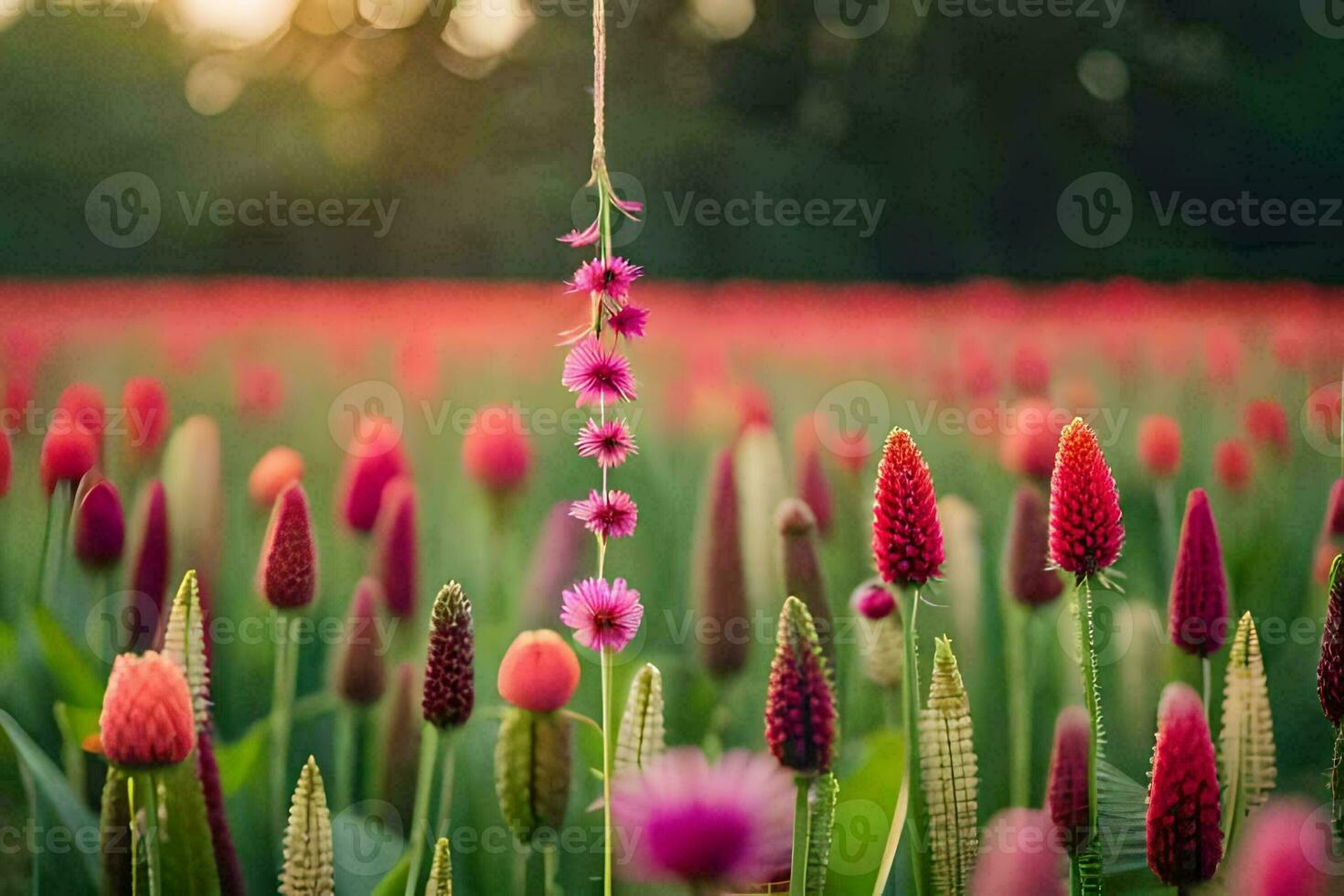 en fält av rosa blommor med en vin hängande från Det. ai-genererad foto