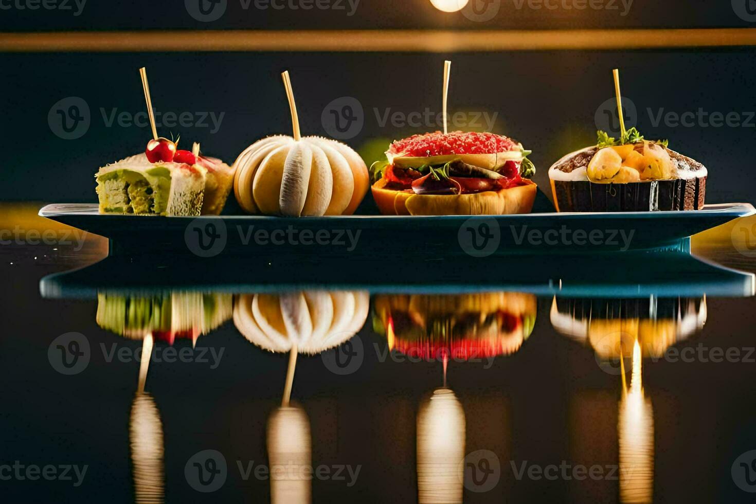 en tallrik med fyra annorlunda desserter på Det. ai-genererad foto