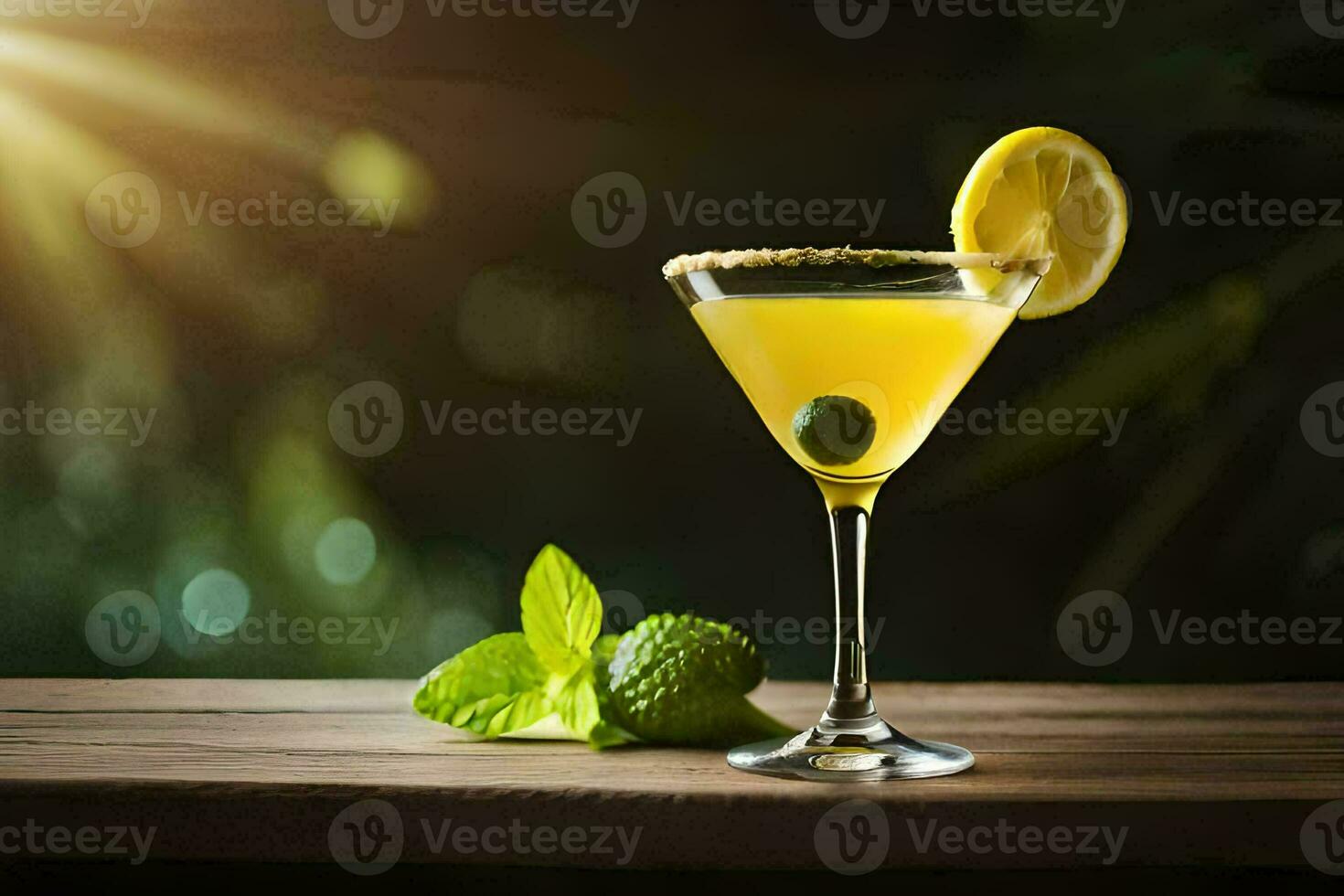 en cocktail med citron- och mynta på en trä- tabell. ai-genererad foto