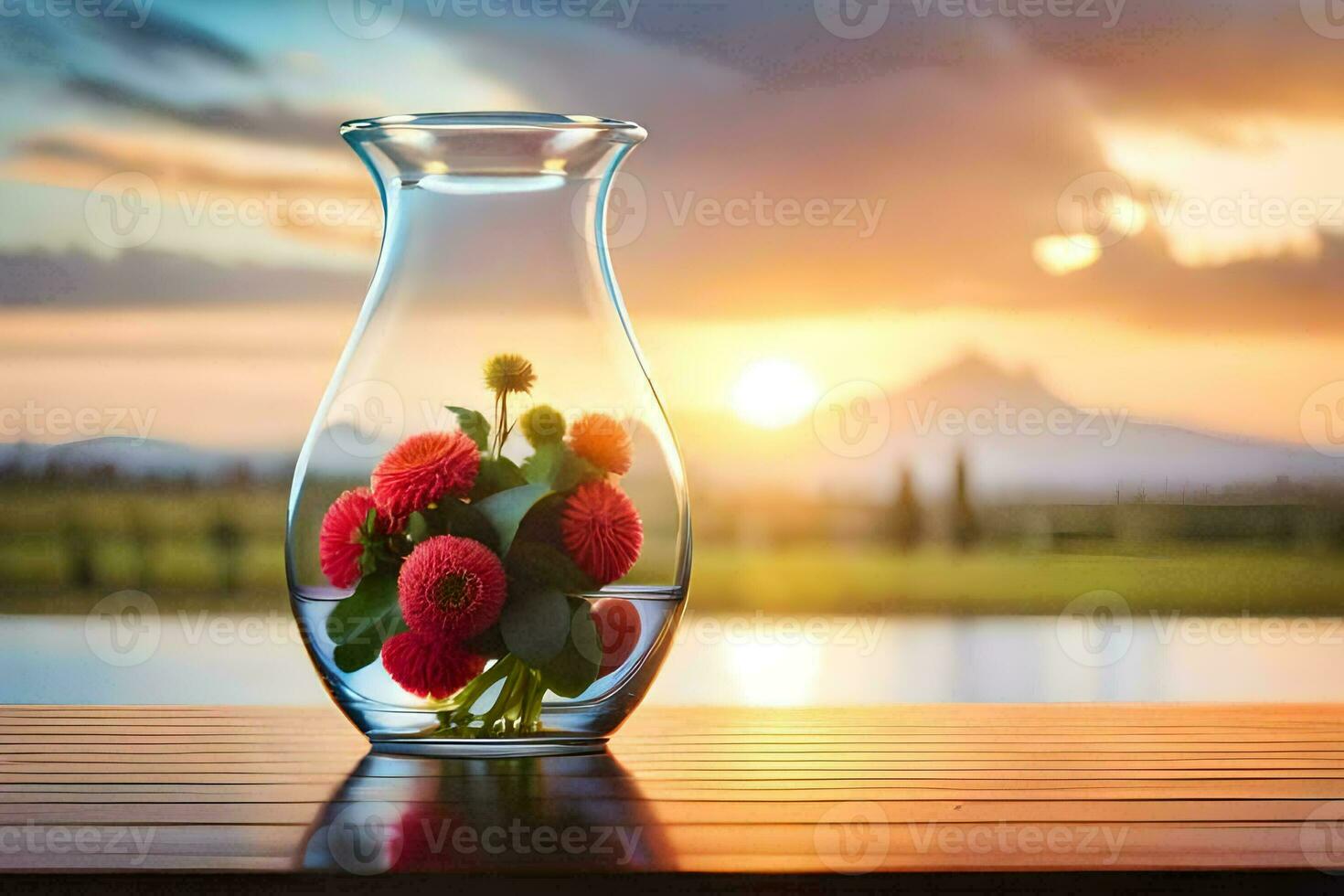 blommor i en vas på en tabell med en solnedgång i de bakgrund. ai-genererad foto