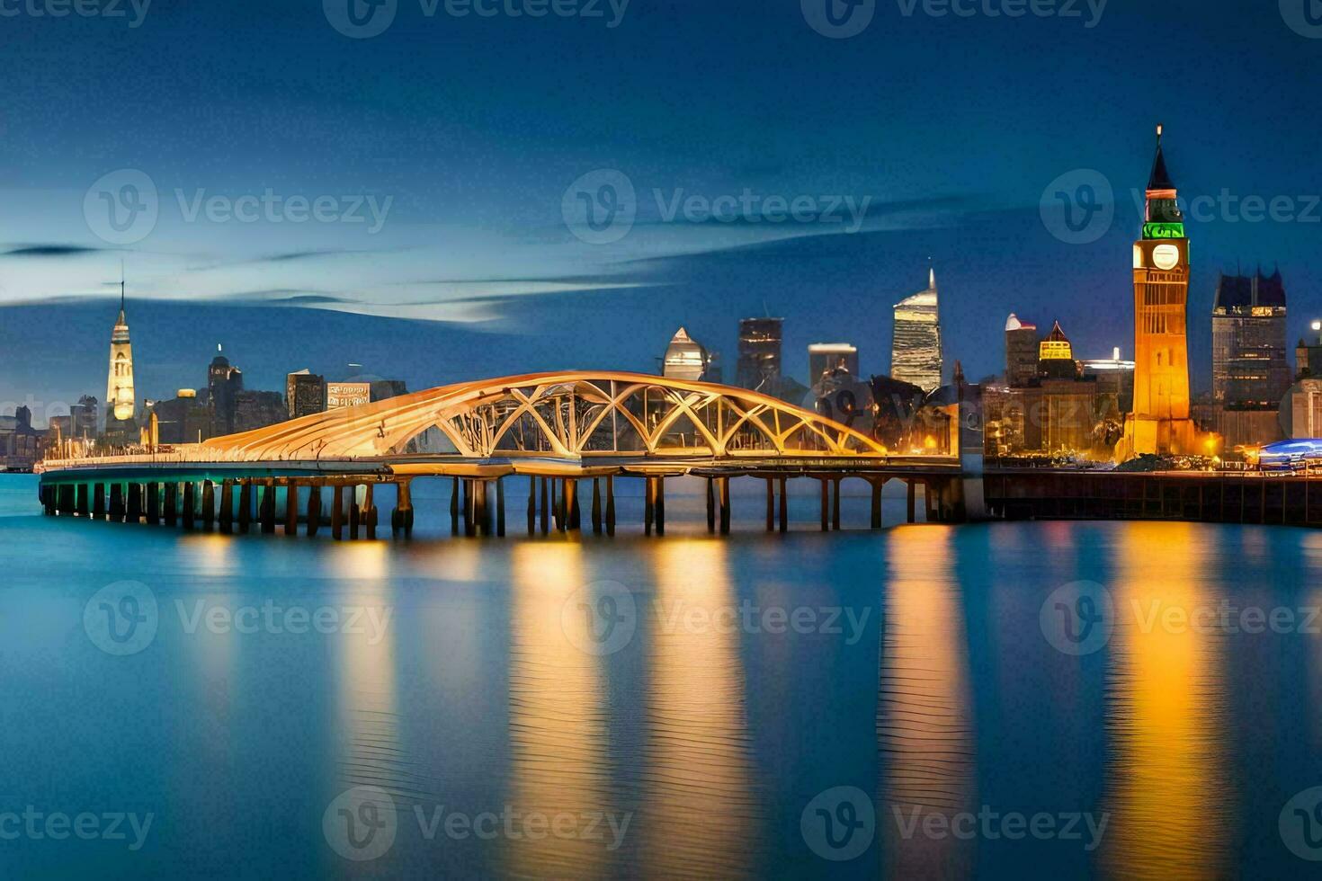 de stad horisont på natt med en bro över vatten. ai-genererad foto