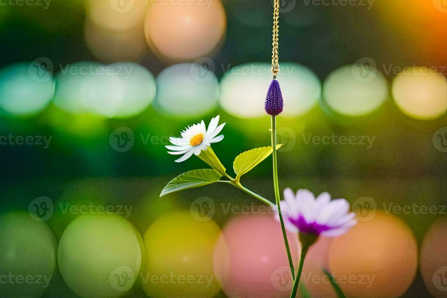 en blomma hängande från en halsband i främre av en grön bakgrund. ai-genererad foto